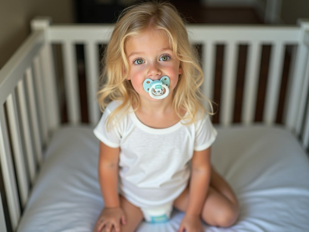 A toddler with blonde hair sitting in a white crib, holding a blue pacifier, with soft natural lighting and a calm expression.