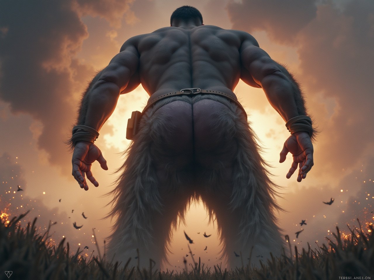 The image features a muscular figure with a massive butt in a dramatic pose. The character is seen from the back, highlighting their impressive physique amidst a setting sun backdrop. The fur on the character adds to the fantasy element, while the environment is filled with ethereal lighting and flying birds. The overall tone is powerful and evokes a sense of strength. This style merges fantasy and digital art, showcasing character design inspiration from video games.