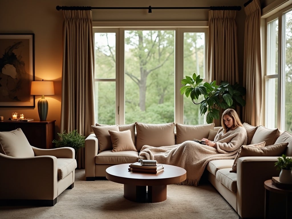 This image depicts a cozy and elegantly decorated living room. It features a large window that showcases a beautiful view of green trees outside. The room contains a spacious sofa with plush cushions, where a woman is nestled under a warm blanket, absorbed in reading her book. A round coffee table sits in the middle, enhancing the inviting atmosphere. The ambient lighting and a large painting on the wall add to the serene and calming environment.