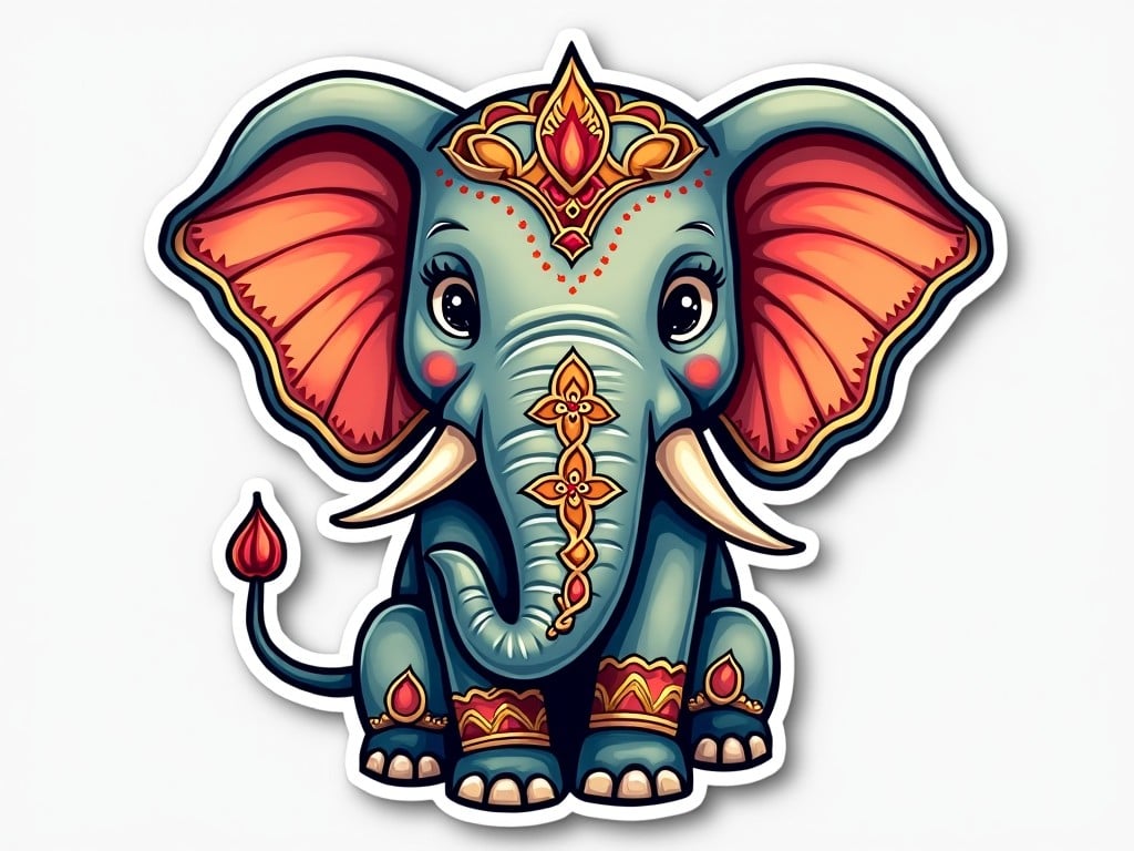 This image features a stylized Indian elephant graphic with vibrant colors and intricate designs. The elephant has large, expressive eyes and colorful decorations adorning its head and body. It sits with a playful demeanor, showcasing its oversized ears and curled trunk. The design emphasizes traditional Indian motifs, making it suitable for various applications. This illustration could be used as a sticker or on merchandise, representing an artful mix of culture and charm.