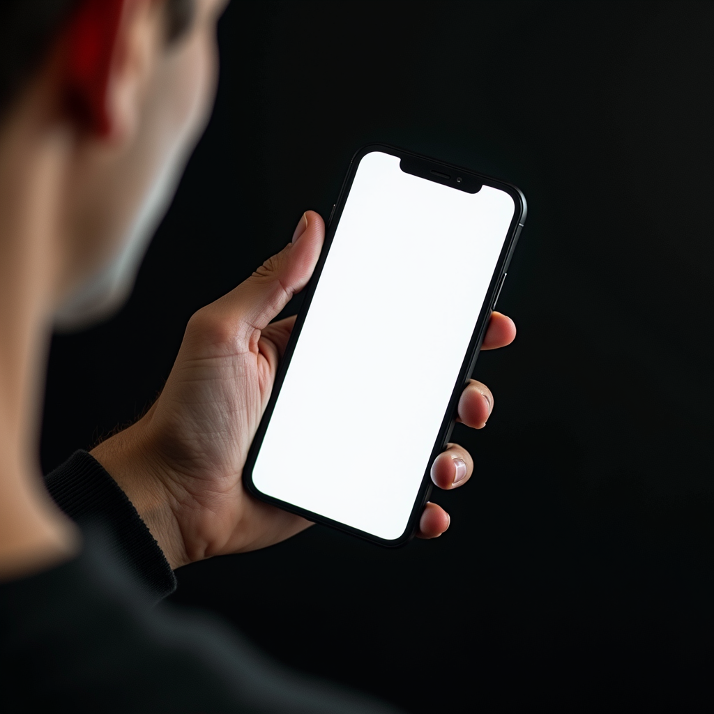 A person holds a smartphone with a blank white screen against a dark background.