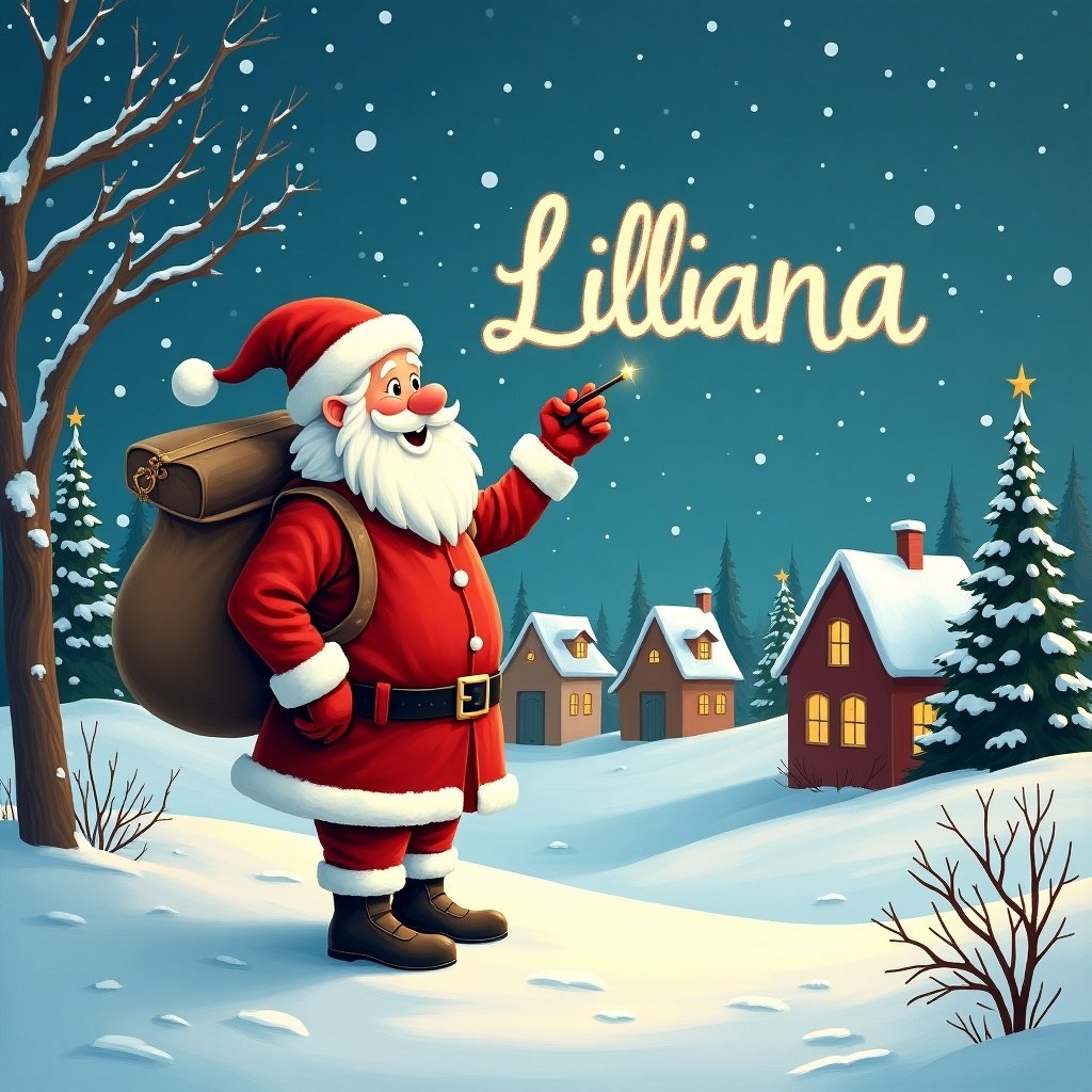 The image depicts Santa Claus standing in a snowy village. He is smiling and holding a sparkler, writing the name 'Lilliana' in the night sky. The background features cozy houses illuminated with warm lights. Snow-covered trees add a festive touch to the scene. The overall atmosphere is cheerful and magical, perfect for celebrating the holiday season.