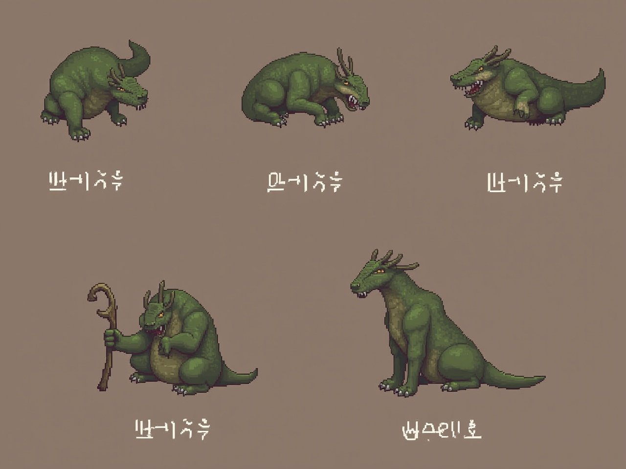 The image features five stylized dragon-like creatures designed in pixel art. Each creature varies in posture and size, showcasing unique characteristics like horns and tails. The color palette primarily consists of shades of green and brown, enhancing the fantasy theme. The creatures seem to belong to a game or animated series, depicted with playful expressions. They are on a neutral background, allowing the focus to remain on their detailed designs.