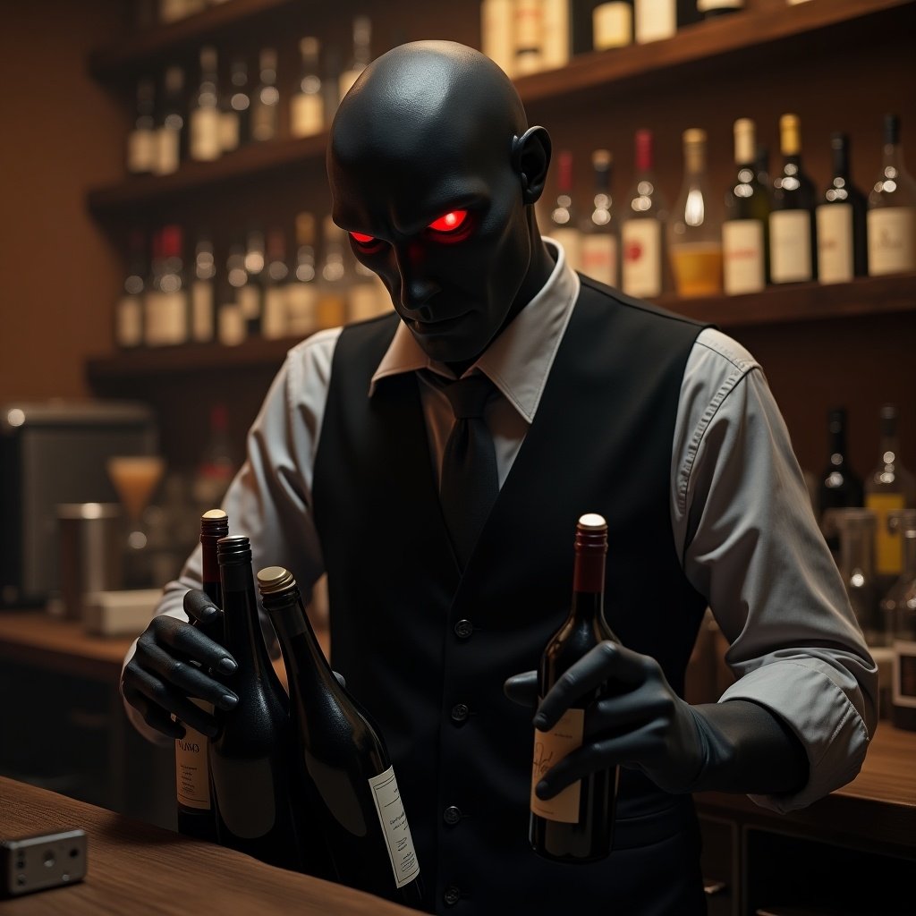 A humanoid bartender stands in a dimly lit bar, holding several bottles of wine. The figure has pitch black skin and tired features, with striking red glowing eyes that create an eerie effect. Dressed in a formal vest and shirt, the bartender blends into the dark ambiance of the establishment. The backdrop is filled with a variety of wine bottles, all sharply illuminated. This character embodies a unique blend of traditional bar culture and futuristic design, making it intriguing for guests.