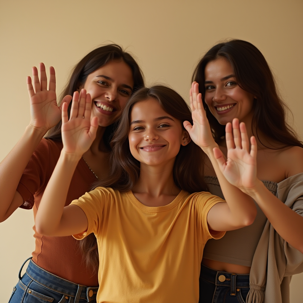 Three young women smiling and waving enthusiastically at the camera against a neutral background.