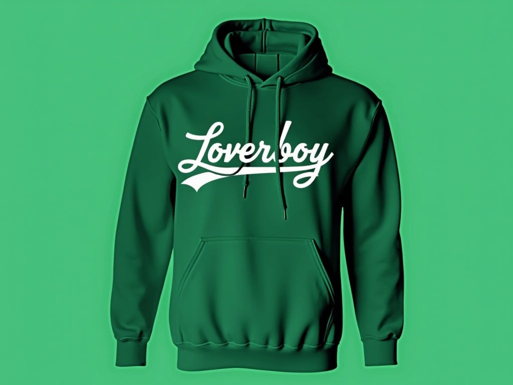 This image features a stylish green hoodie with the word 'Loverboy' written across the front in an elegant script font. The hoodie is set against a plain green background, emphasizing its vibrant color. The design showcases a modern and trendy aesthetic that appeals to a young audience. The script font adds a touch of sophistication, making it suitable for casual wear. This hoodie can be worn in various settings, from casual outings to relaxed gatherings.