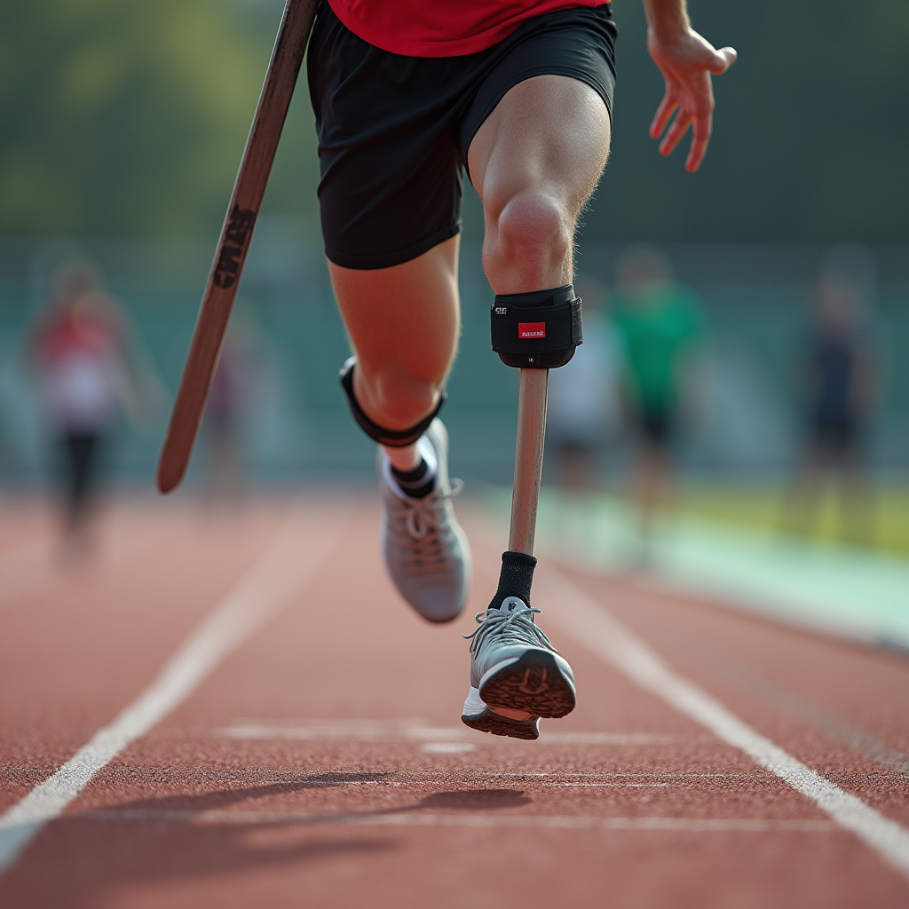 A runner with prosthetics is sprinting on a track with focus and determination.