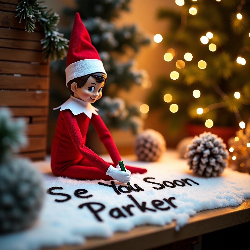 An elf on the shelf is depicted writing the words 'See You Soon Parker' in the snow. The elf wears a classic red outfit with white trim and has an engaging smile. In the background, there are softly glowing string lights, adding to the festive atmosphere. Pine cones and artificial snow create a wintery scene. This setup embodies the holiday spirit and the charming tradition of the Elf on the Shelf.