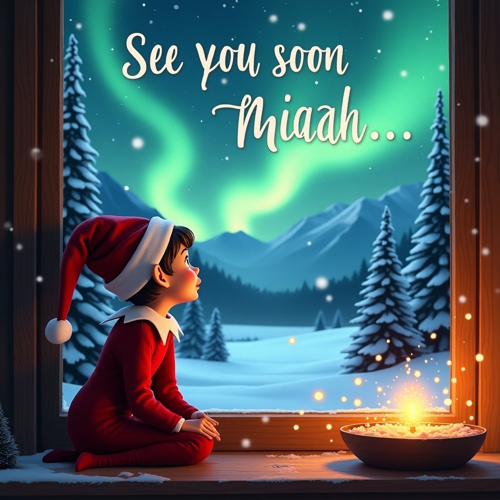 The image showcases an elf sitting by a window, mesmerized by the enchanting northern lights visible through the glass. Dressed in a red outfit, the elf radiates hope and wonder, capturing the essence of the holiday spirit. Outside, a breathtaking winter landscape features snowy mountains and evergreen trees, enhancing the magical feel. A warm glow emanates from a bowl of light, adding a cozy touch to the interior. Above, whimsical lettering reads 'See you soon Micah...', evoking a sense of anticipation and joy in this festive setting.