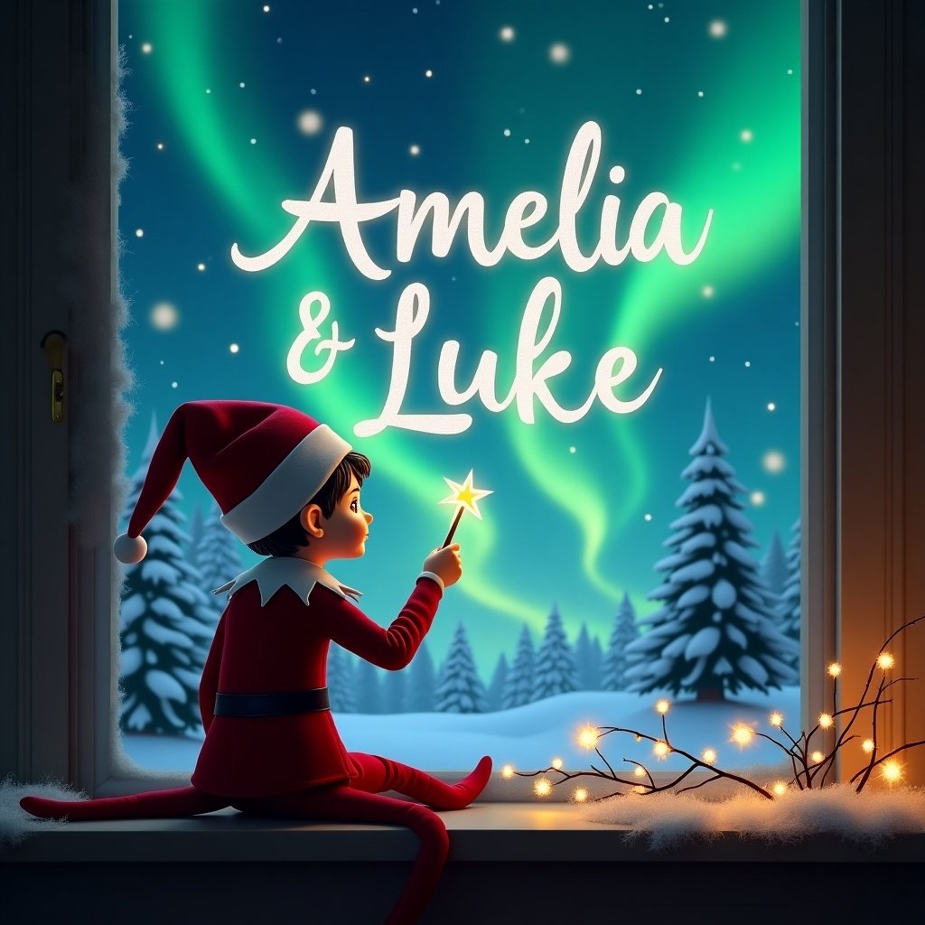 The image features an elf on the shelf, seated with his back facing the viewer. He gazes up at the sky, using a magic wand to write in the air. The scene outside the window is enchanting, showcasing a winter wonderland complete with snow-covered trees and vibrant northern lights. Above the trees, the names 'Amelia' and 'Luke' are elegantly formed in the sky, reminiscent of holiday magic. The entire composition conveys a warm and festive ambiance, perfect for the Christmas season.