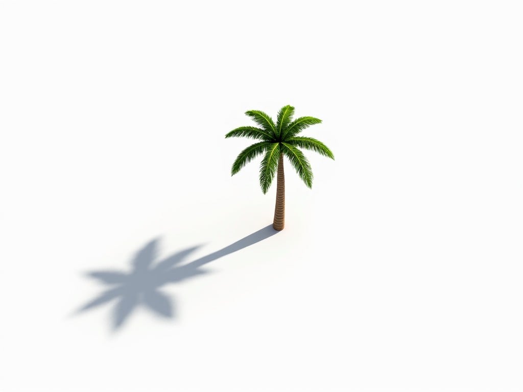 This image features a single palm tree set against a plain white background. The palm tree is realistically depicted with vibrant green leaves and a sturdy brown trunk. Positioned centrally, the tree casts a sharp, high-contrast shadow that extends across the background. The overhead lighting creates a bright atmosphere, enhancing the shadow's definition. The perspective is slightly in front of the tree, giving a sense of depth as the shadow stretches away from the viewer. Overall, it conveys a tropical and serene vibe.