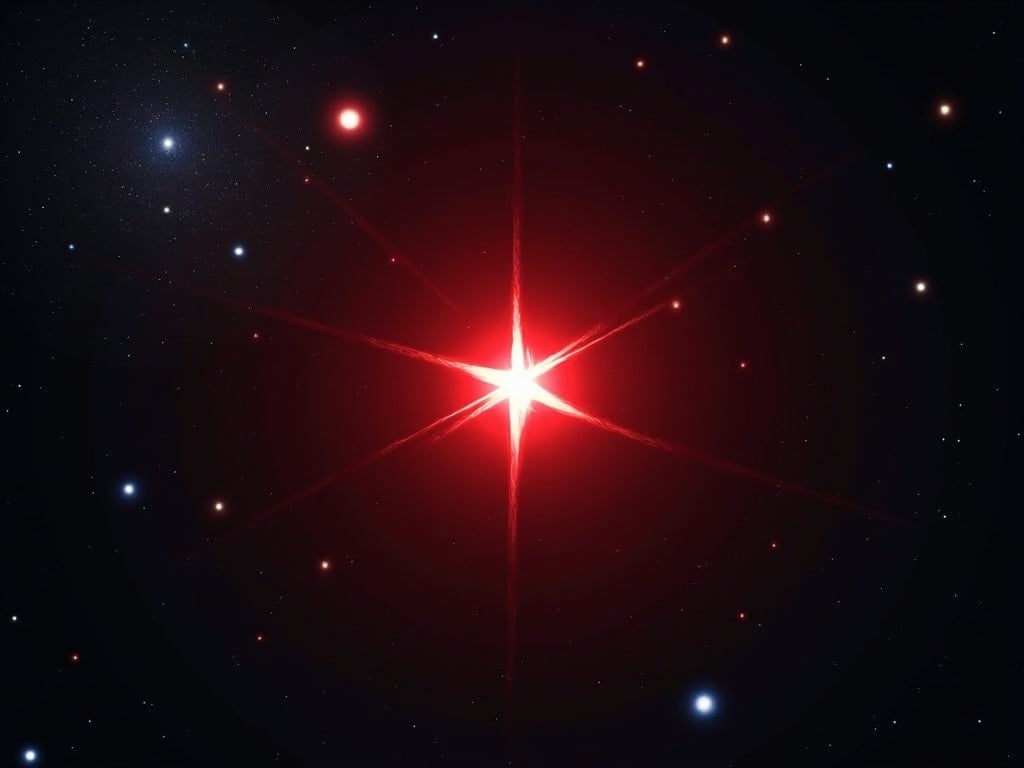 This image showcases a striking red star set against a black sky filled with distant stars. The central star is brilliantly lit, emanating a vibrant red hue. Surrounding it are various smaller stars, twinkling in shades of blue and white. The perspective is that of deep space, emphasizing the vastness of the cosmos. This visually engaging image captures the beauty and mystery of astronomical phenomena.