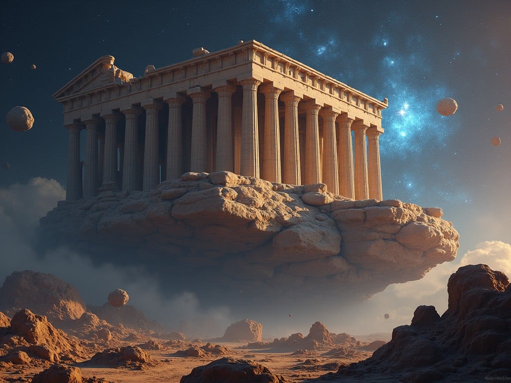 An ancient Greek temple floating among the stars, surrounded by floating rocks, with a cosmic background and ethereal lighting, creating a surreal and fantastical atmosphere.