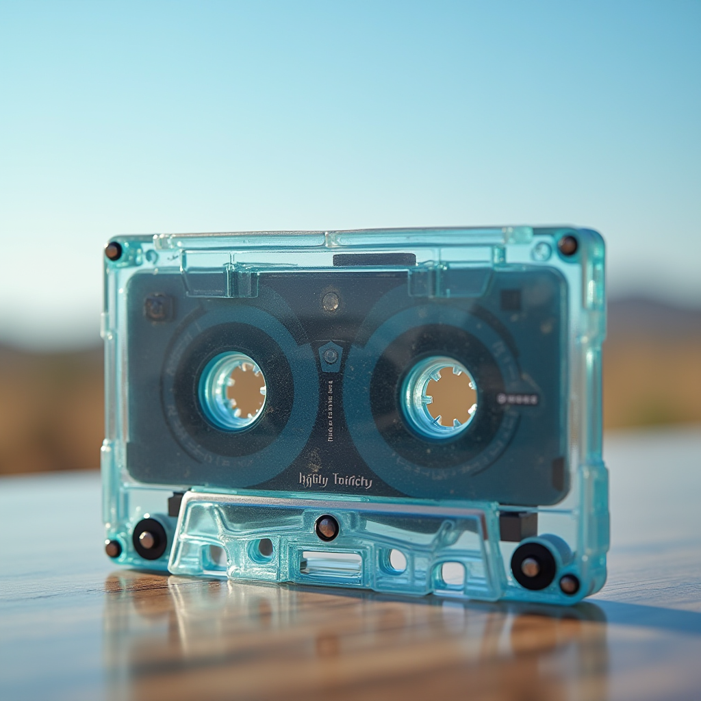 A transparent blue cassette tape on a reflective wooden surface against a blurred outdoor backdrop.