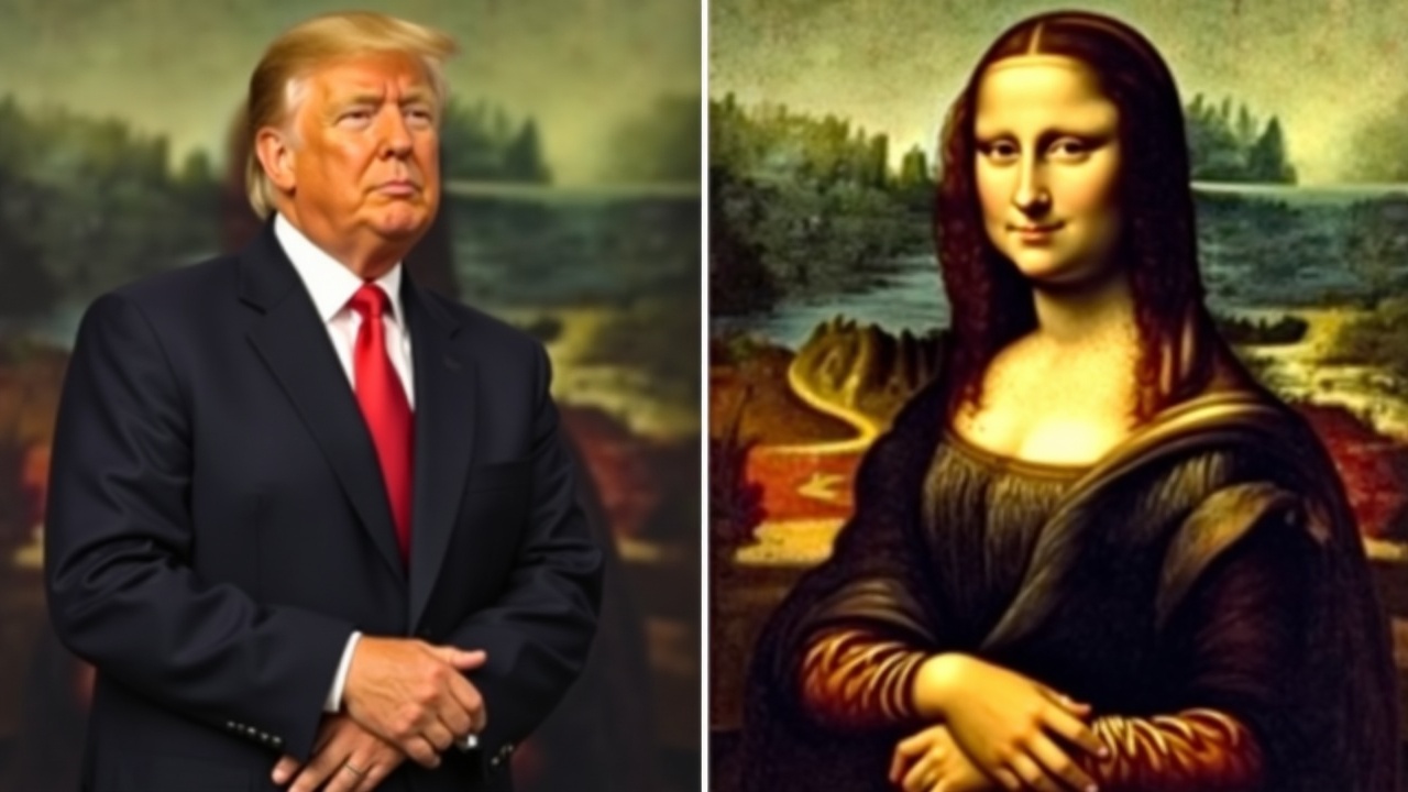 This image juxtaposes a modern figure with the classic portrait of Mona Lisa, creating a contrast between contemporary and Renaissance art styles. The modern figure is dressed in a suit, exuding formality and seriousness, while the Mona Lisa remains timeless with her enigmatic smile and detailed background. The combination highlights the differences and unexpected similarities between two different eras.