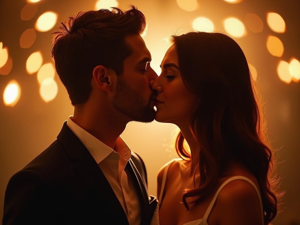 In this intimate scene, a couple shares a gentle kiss against warm glowing lights. The soft focus in the background enhances their features, showcasing their closeness. Beautiful golden lighting casts a warm hue on their faces, emphasizing the sincerity in the moment. The atmosphere is filled with love and serenity. This image beautifully captures intimacy and the magic of shared moments.