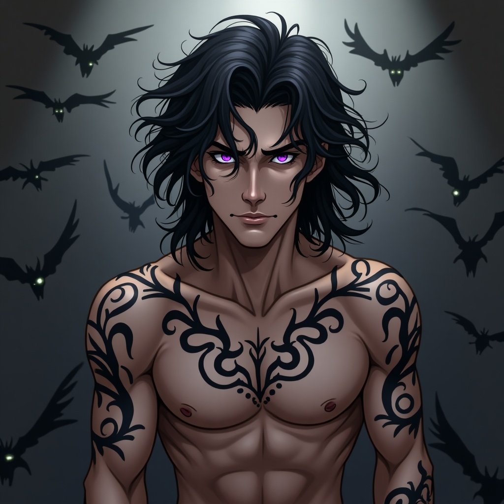 This image features a handsome man with black wavy hair and striking purple eyes. He has no shirt on, revealing intricate black swirl tattoos on his chest and arms. The background is filled with shadows, which appear to be alive, suggesting a power he can control. His expression is intense, exuding confidence and mystique. The dramatic lighting accentuates his features and tattoos, creating an alluring and enigmatic atmosphere.