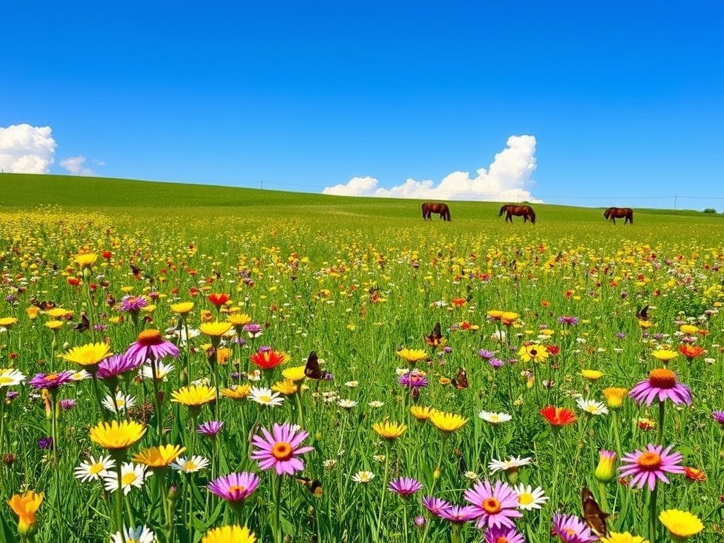 This image captures a vibrant meadow bursting with colorful wildflowers under a brilliant blue sky. A few horses graze in the background, adding a serene pastoral touch to the lively scene. The bright contrast of flowers against the rich green foliage creates a vivid and joyous atmosphere.