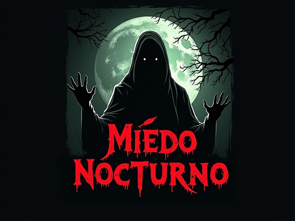 The image features a menacing cloaked figure standing in front of a large, eerie moon. Its eyes glow ominously in the darkness. The figure's hands are raised as if to instill fear. The text 'Miedo Nocturno' appears in a bold, bloody font. The color palette includes blacks, greens, and reds, enhancing the eerie atmosphere. Twisted branches surround the moon, adding to the sinister vibe. This image evokes themes of horror and the supernatural. It's designed to make the viewer feel a sense of dread. Ideal for Halloween-themed promotions or horror storytelling.