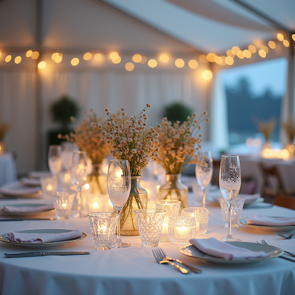 A beautifully arranged dinner table adorned with glowing candles and delicate floral centerpieces, creating an intimate ambiance.