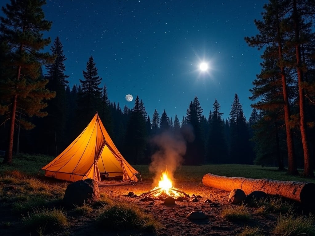 This image captures a serene camping scene at night, surrounded by a dense forest. A glowing campfire provides warmth and light, inviting relaxation. The tarp shelter is softly illuminated from within, suggesting a cozy retreat amidst nature. Above, the night sky sparkles with countless stars, while a bright full moon casts a gentle light over the landscape. Nearby, a large log rests close to the fire, completing the tranquil outdoor setting.