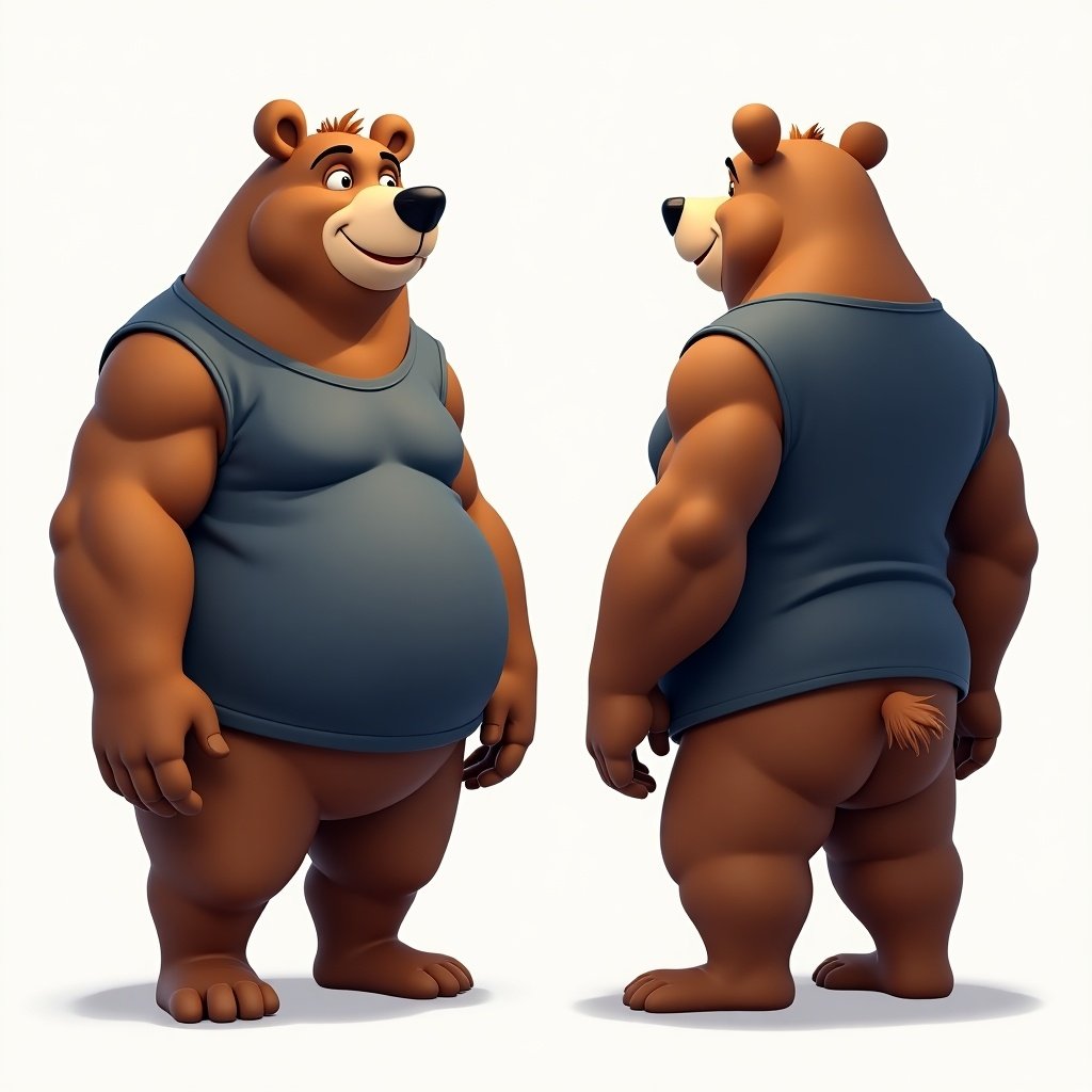 This image features a tall and obese 3D bear turn-around sheet. The character has brown fur and wears a sleeveless dark blue shirt. The sheet presents him in three views: front, side, and back. The artwork highlights his friendly demeanor and casual outfit, making it a versatile design reference for various creative projects. This bear character design is suitable for animation and merchandising contexts.