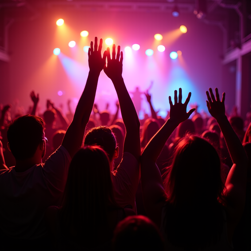 A lively concert scene with a packed audience enjoying colorful stage lights.