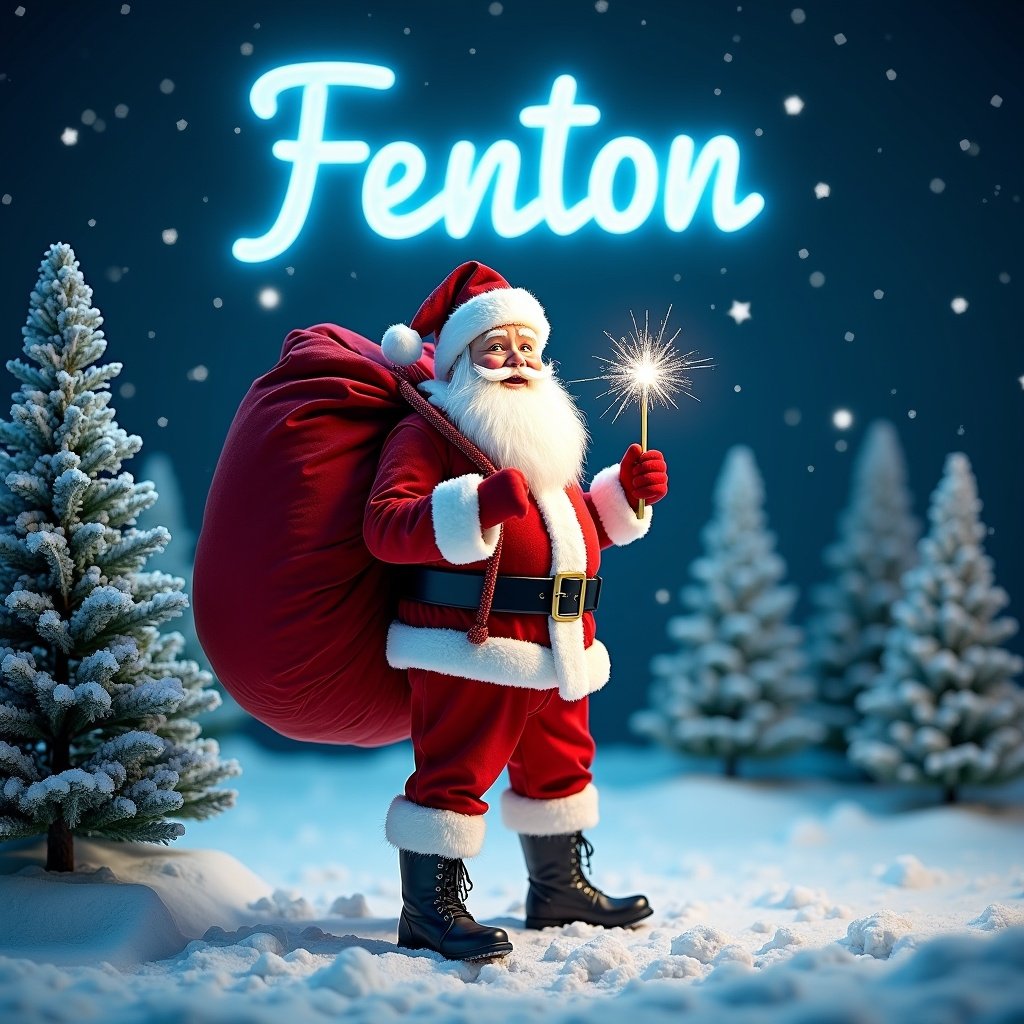 The image features a cheerful Santa Claus standing in a snowy landscape. He has a large red sack slung over his shoulder and is holding a sparkly wand. Santa is dressed in his traditional red and white outfit, complete with a belt and boots. Behind him, the night sky is illuminated with twinkling stars. Pine trees dot the snowy ground, encapsulating a festive winter atmosphere. Written in the sky is the name Fenton in neon blue writing.