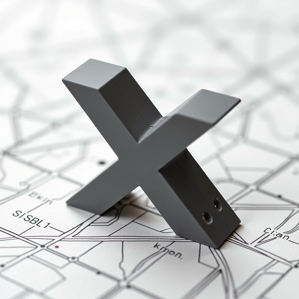 A 3D metallic letter 'X' placed on a detailed geometrical map.