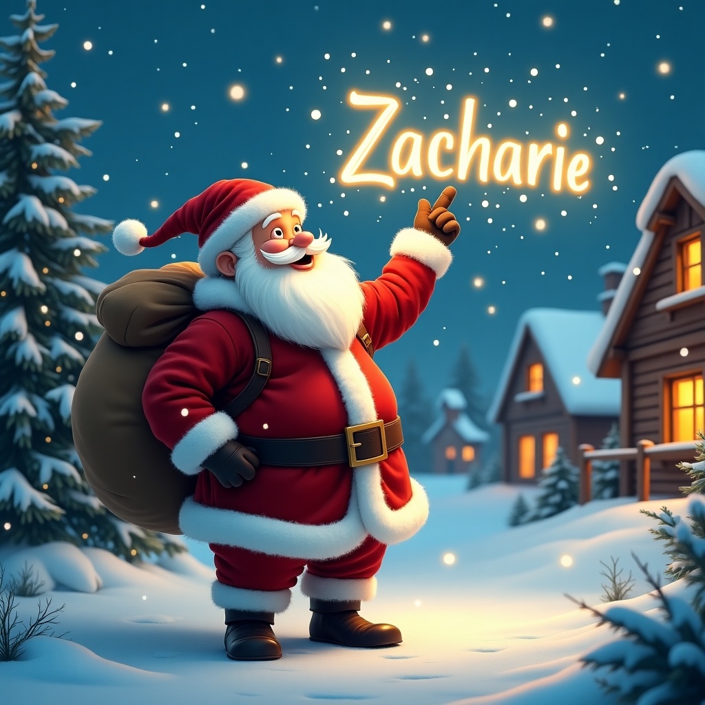 In this enchanting winter scene, Santa Claus is dressed in his iconic red suit with a fluffy white beard and a large sack over his shoulder. He stands in a snowy village, pointing at the sky where he magically writes the name 'Zacharie' with glowing light. Snowflakes gently fall around him. Charming wooden houses with warm lights can be seen in the background, surrounded by evergreen trees. The atmosphere is festive and joyful, capturing the spirit of Christmas.