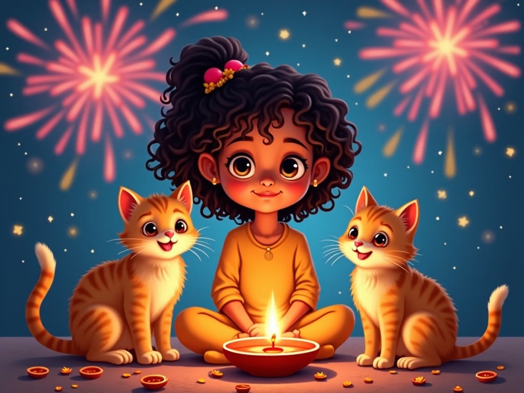 Create a bright and cheerful caricature featuring a girl with brown skin and curly hair celebrating Diwali. She is sitting with two happy cats, surrounded by small Diyas that are lit. The background is filled with vibrant fireworks lighting up the evening sky. The girl has a joyful expression, embodying the spirit of celebration. At the top of the image, include the words 'Happy Diwali' prominently displayed. The colors should be festive and warm, reflecting the joyous occasion of the festival of lights.