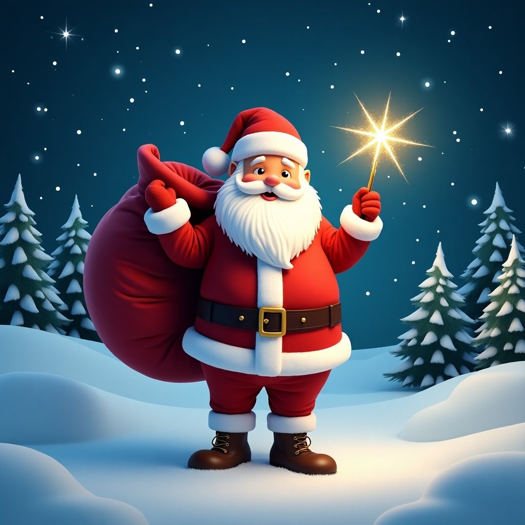 The image features a cheerful Santa Claus standing in a snowy landscape. He has a large red sack slung over his shoulder and is holding a sparkly wand. Santa is dressed in his traditional red and white outfit, complete with a belt and boots. Behind him, the night sky is illuminated with twinkling stars. Pine trees dot the snowy ground, encapsulating a festive winter atmosphere.