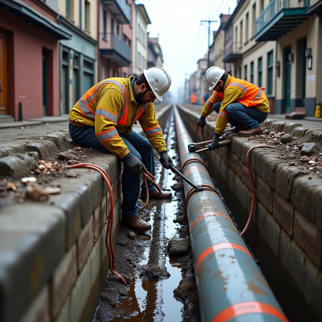 The image depicts two construction workers engaged in a pipe repair operation. They are wearing safety helmets and high-visibility vests, focused on curing a pipe lining process. The setting shows a trench where the pipe is laid, surrounded by urban buildings. The scene captures the essence of infrastructure maintenance. Their concentrated expressions highlight the importance of safety and precision in their work.