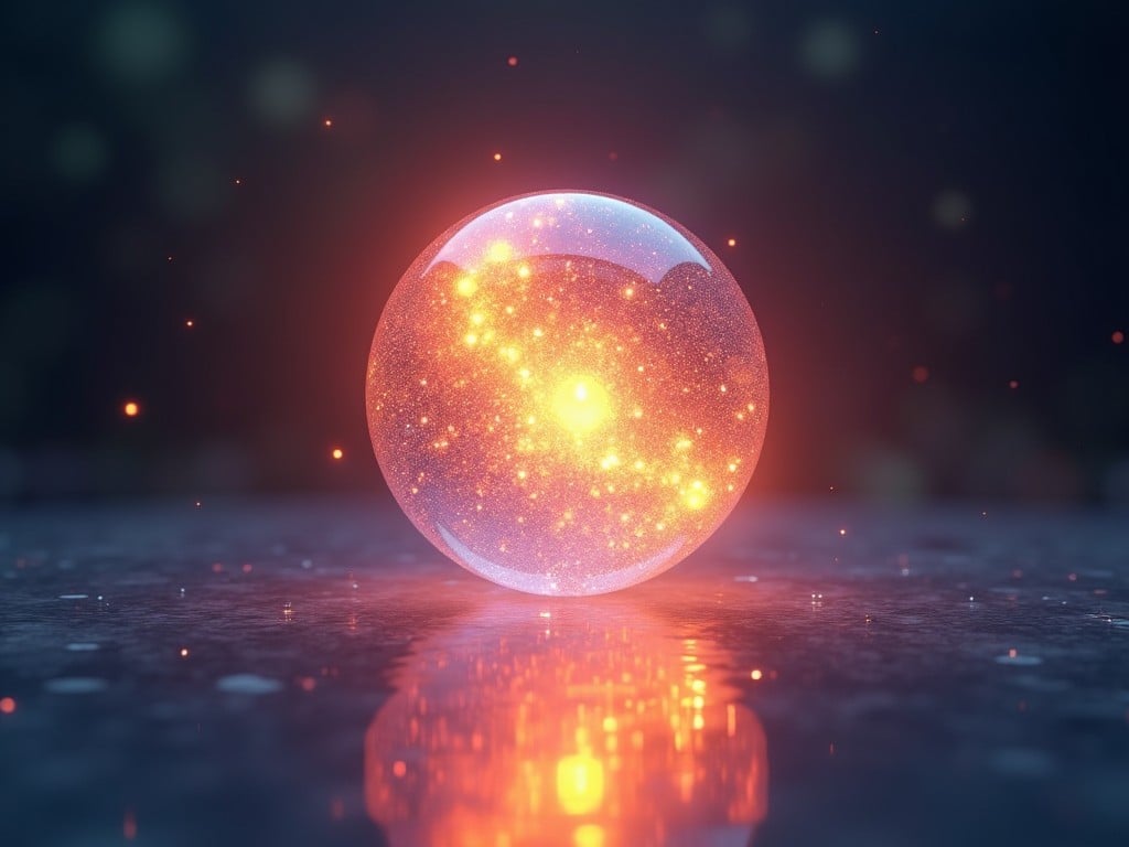 The image features a stunning, glowing orb that resembles a cosmic sphere. It emanates a warm orange and yellow light with specks akin to stars within it. The orb is positioned on a reflective surface, enhancing its luminous effect. Soft, ambient light surrounds the orb, contributing to a mystical atmosphere. The design captures the essence of the universe in an abstract way, perfect for digital art enthusiasts.