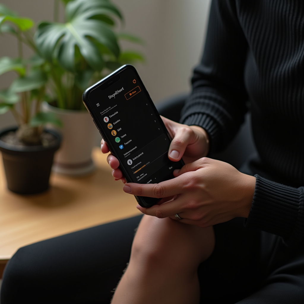 A person in black clothing is using a smartphone with a music app open, seated near a green plant on a wooden table.