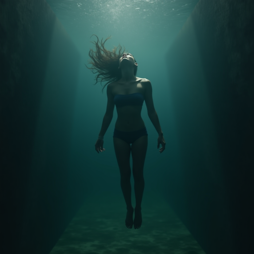 A woman floats peacefully underwater, surrounded by a faint glow from above.