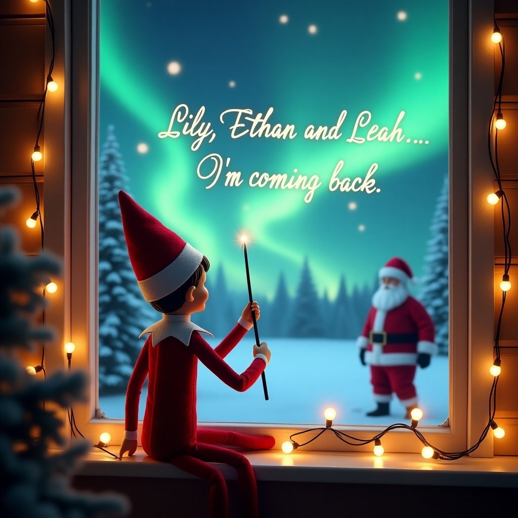 This enchanting image features an elf on the shelf with a whimsical touch. The elf is writing a heartfelt message in the sky for children named Lily, Ethan, and Leah as he faces away from the viewer. Outside the window, a magical landscape comes to life with vibrant northern lights illuminating the night sky. Santa Claus can be seen in the background, enhancing the festive spirit of the scene. The cozy interior is adorned with glowing Christmas lights that create a warm and inviting atmosphere. Perfect for the holiday season, this image captures the essence of childhood wonder during Christmas.