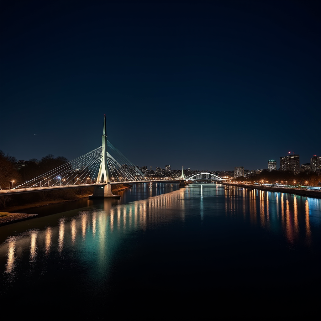 A lit bridge spans across a calm river, with city lights reflecting on the water at night.