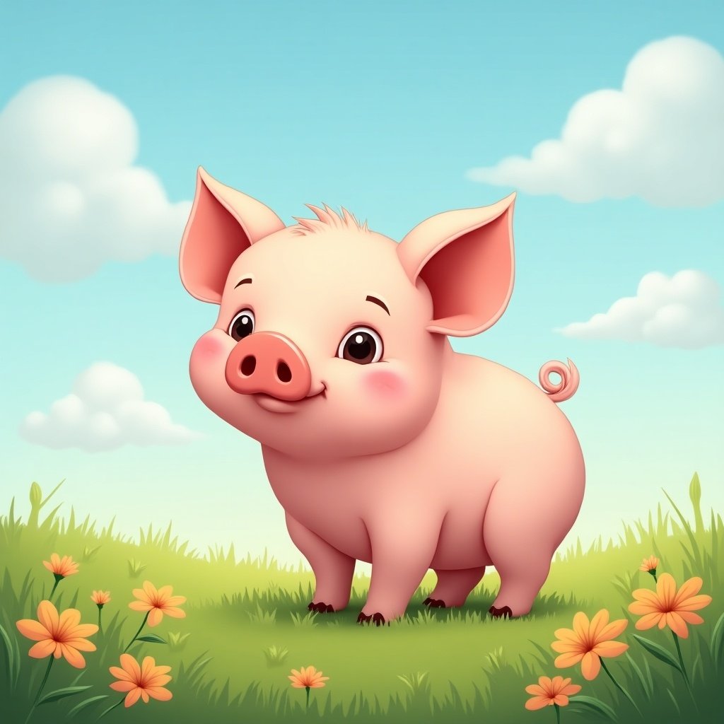 The image depicts a cute cartoon pig standing in a grassy field. The pig has a rosy pink color with a friendly expression. It's surrounded by colorful flowers under a bright blue sky with fluffy white clouds. The pig's ears are perked up, giving it a joyful look. The scene conveys a sense of happiness and playfulness, ideal for children's media.