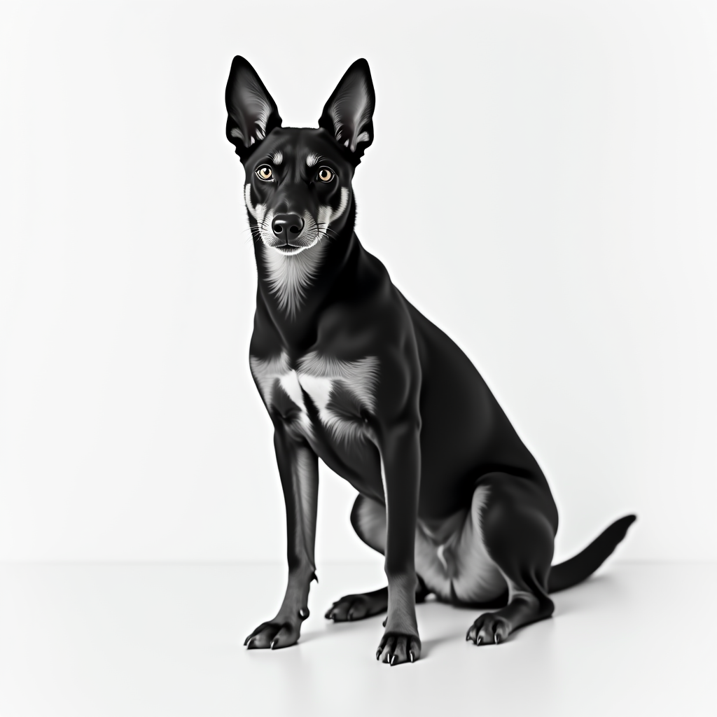 A sleek and poised black dog with striking symmetrical white markings sits against a plain white background.