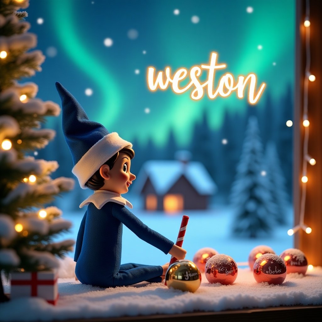 In a snowy wonderland, a charming Christmas elf dressed in blue attire is focused on writing names on decorative baubles. The elf, with a playful expression, is sitting at a wooden table adorned with holiday decorations. Surrounding the scene is a softly lit Christmas tree with twinkling lights. The elf is holding a red and white candy cane, enhancing the festive vibe. Above him, the name 'weston' sparkles against the vibrant northern lights, completing the magical essence of Christmas. The names written include 'Kelsi', 'Coby', 'Lewis', 'Jazmine', and 'Lottie', adding a personal touch to the scene.