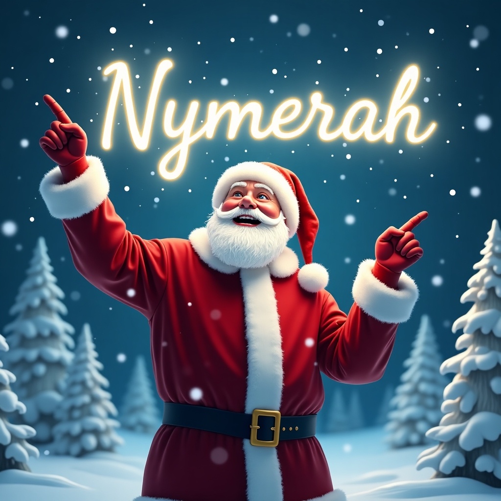 The image depicts a joyful Santa Claus standing in a winter wonderland. He is dressed in his traditional red suit with white trim and a matching hat. Santa is pointing upward as if he is magically writing a name in the sky. Snowflakes gently fall around him, adding to the festive atmosphere. In the sky, the name 'Nymerah' is written in bright, glowing letters. The background features snowy trees, enhancing the Christmas scene.