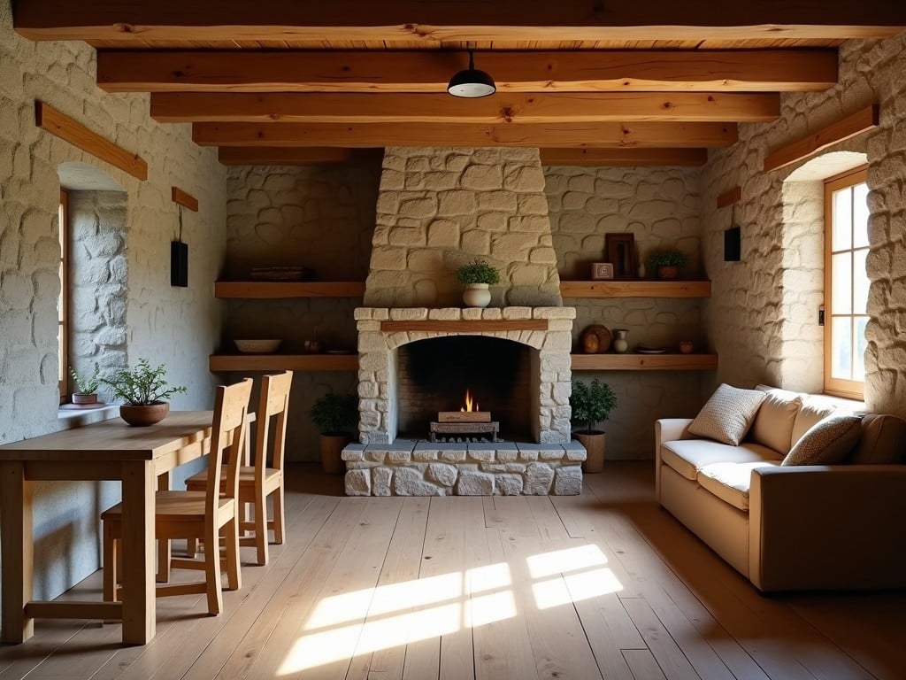 This image depicts a cozy and inviting living room characterized by stone walls and wooden beams. Central to the composition is a well-designed fireplace, providing a warm focal point with a gentle flame. The room features a simple wooden table and chairs, complementing the natural aesthetics. Natural light floods in from a window, illuminating the space and casting soft shadows. A comfortable sofa adds to the inviting atmosphere, making it an ideal spot for relaxation. The arrangement of plants and decor creates a harmonious balance. This space embodies a modern rustic style, perfect for family gatherings or quiet evenings.