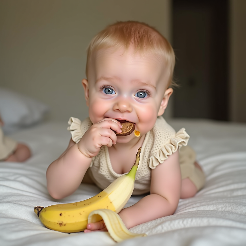 A baby joyfully bites into a cookie while clutching a banana.