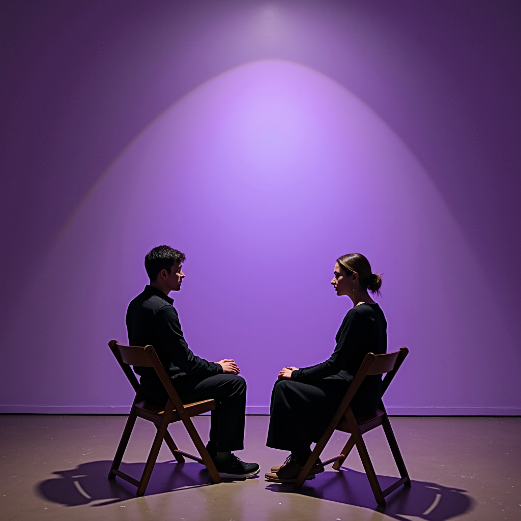 Two people sit facing each other under a dramatic purple spotlight.