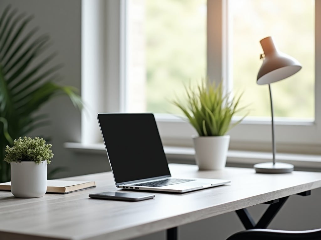 A minimalist home office setup with a laptop, plants, and a desk lamp by a window.