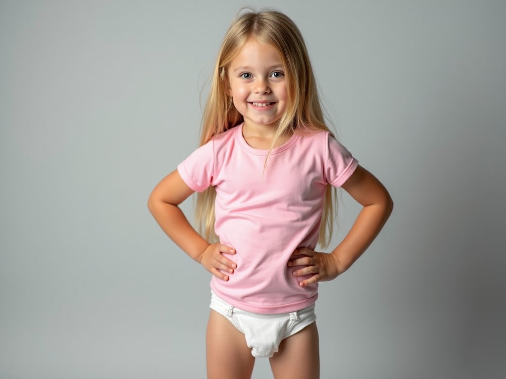 This image features a seven-year-old girl with long blonde hair wearing a fitted pink t-shirt and a white diaper. The soft gray background emphasizes her youthful innocence. She poses relaxed, with one hand on her hip, radiating confidence. The soft lighting creates a warm and inviting atmosphere. This scene captures a typical moment in early childhood, highlighting comfort and playfulness. Overall, it represents adorable toddler fashion in a casual home setting.