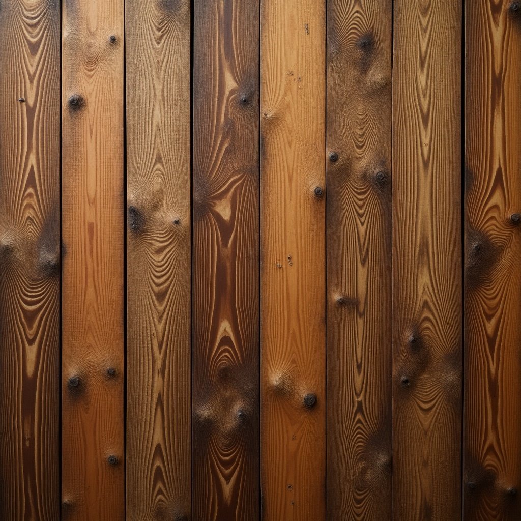 This image showcases a close-up view of wooden planks arranged vertically. The rich brown tones give a warm and rustic feel. The wood has various textures and patterns, highlighting the natural grain. Some planks appear smoother, while others have a weathered look. This versatile wood texture could be perfect for various design projects or as a backdrop.