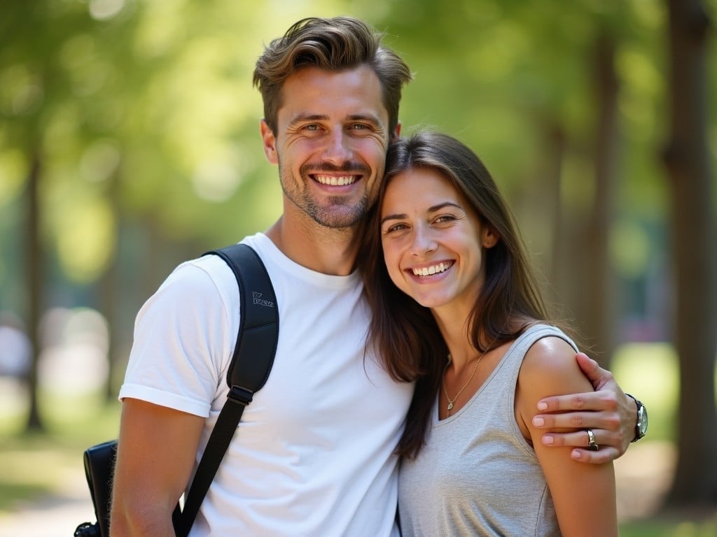 A young couple is posing happily in an outdoor setting. They are both smiling and seem to be enjoying a sunny day. The background shows some trees with leaves, characteristic of a park or a nature area. The man is wearing a white t-shirt and has a camera strap across his shoulder. The woman is also wearing a light-colored top, and they seem to be embracing each other.