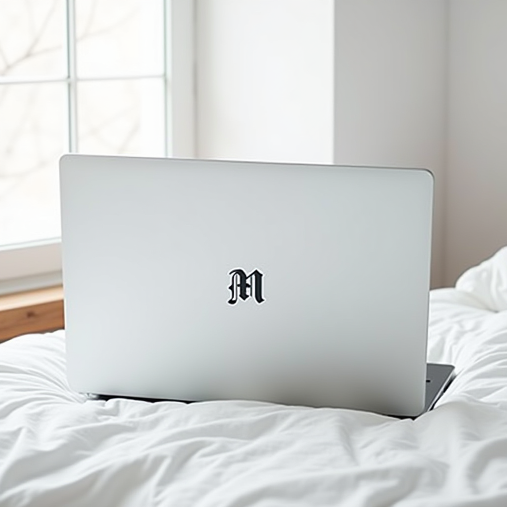 A laptop with a bold 'M' is placed on a white, comfy bed by a bright window.